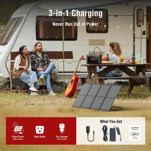 Portable 237Wh Solar Generator With Foldable 60W Panel 300W Pure Sine Wave Power Station For Camping Hiking Fishing And Emergency Backup Charge Phones Tablets Laptops On Outdoor Adventures at campsite with folding table and caravan.