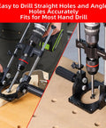 Portable Drill Guide With Angle Stops From -60 To 60 Degrees, Adjustable Drill Press Jig And 1/2 Inch Self Locking Chuck in use.