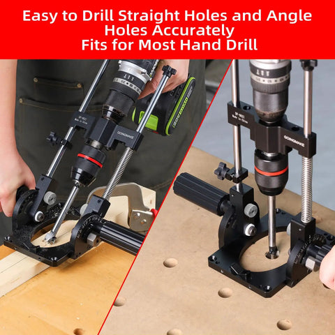 Portable Drill Guide With Angle Stops From -60 To 60 Degrees, Adjustable Drill Press Jig And 1/2 Inch Self Locking Chuck in use.