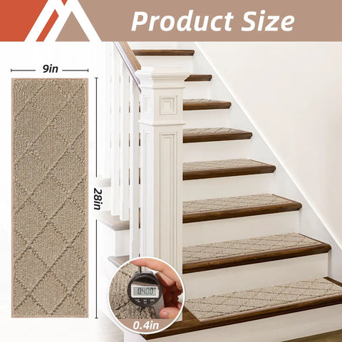 Edging Stair Treads Non Slip Carpet Mats 28x9 Inches Indoor Stair Runners For Wooden Steps Kid And Pet Friendly 100 Percent Polyester With TPE Backing Beige 7 Pack on stairs