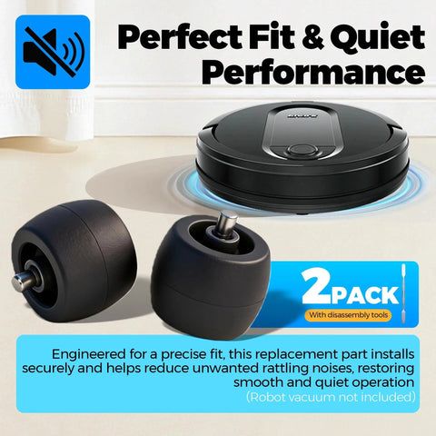 2 Pack Front Caster Wheel Compatible With AV RV UR QR Series Models Including R101AE RV1001AE UR1100SRUS AV1002AE AV1010AE RV100AE And More With Disassembly Tool For Easy Replacement shown with Shark robot vacuum in background.