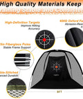 Diagram of Quiet Indoor Golf Net 8x6 Feet with target shows 600D Oxford fabric, fiberglass poles, double-stitched durability.