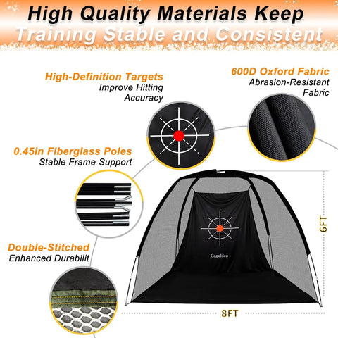 Diagram of Quiet Indoor Golf Net 8x6 Feet with target shows 600D Oxford fabric, fiberglass poles, double-stitched durability.