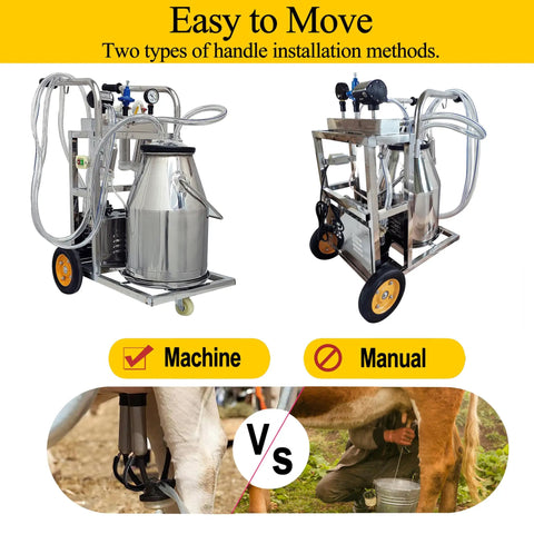 Electric Milking Machine For Cows And Goats, 25L bucket, side by side with manual milking comparison