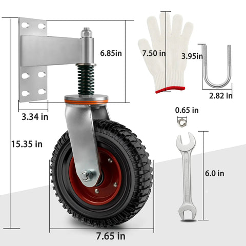 8 Inch Gate Caster Wheels For Wooden Gates With 360 Degree Swivel, Spring Loaded Heavy Duty Rollers, includes tools and gloves