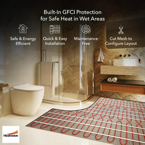 Electric Floor Heating Mat For Tile And Bathroom Floors 120V 10 Sq Ft 120W With Programmable GFCI Thermostat installed in bathroom.