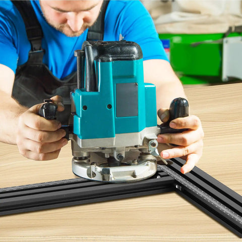 User operating Heavy Duty Aluminum Juice Groove Router Jig on a wooden surface for precise cutting.