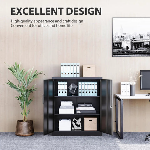 Heavy Duty Metal Storage Cabinet With Locking Doors And Adjustable Shelves For Office Workshop Or Kitchen Built Tough All Steel Construction Reinforced Welded Frame Secure Locking Tool Cabinets 36 Inches High in an office setting.
