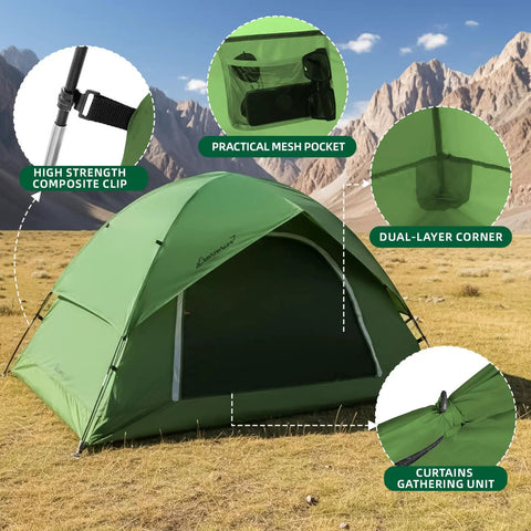Lightweight Two Person Tent For Camping All Weather All Season With Easy Up Design And Waterproof Shelter in mountains