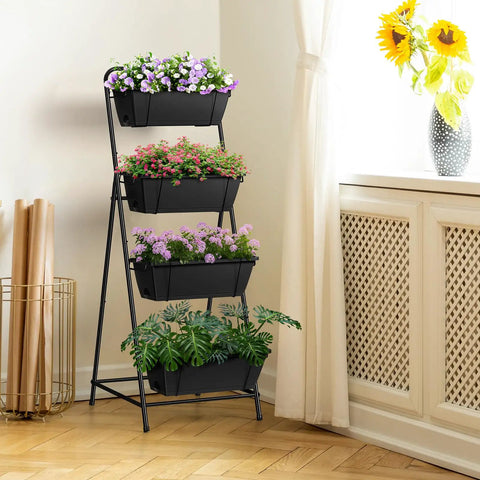 4 Tier Vertical Garden Planter With Drainage Holes For Outdoor Plants displayed indoors with flowers on sturdy metal frame