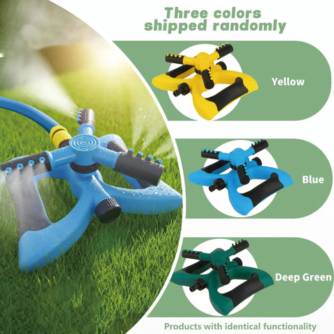 Rotary Yard Sprinkler With Wide Coverage For Lawns And Gardens Adjustable Spray Patterns And Angles Connect Multiple Units To Expand Reach No Fuss Easy Setup For Half Inch Pipe Systems shown in yellow, blue, and deep green colors.