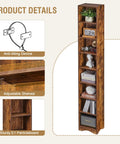 Tall 71 Inch Rustic Wood Bookshelf With 6 Adjustable Shelves And Elevated Dust And Moisture Proof Base, close-up of shelf details.