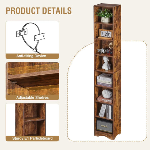 Tall 71 Inch Rustic Wood Bookshelf With 6 Adjustable Shelves And Elevated Dust And Moisture Proof Base, close-up of shelf details.