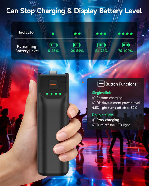 Hand holding Pocket 3 Battery Handle For DJI Osmo Pocket 3, 5000mAh Fast Charger showing LED battery indicators at event