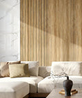 Effortless Peel And Stick 3D Wall Panels Self Adhesive Soundproof Removable PVC Slat Tiles Dark Brown Wood Grain on wall in living room.