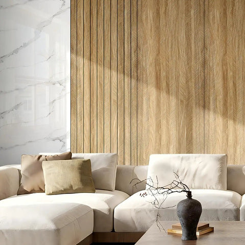 Effortless Peel And Stick 3D Wall Panels Self Adhesive Soundproof Removable PVC Slat Tiles Dark Brown Wood Grain on wall in living room.