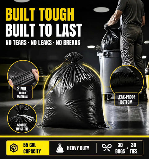 Beefed-Up Heavy Duty 55 Gallon Contractor Garbage Bags 2 Mil Thick, Black, 30 Count with tear-resistant features displayed.