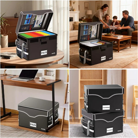 Beefed Up 5200F Fireproof Document Lockbox With Heat Insulation, Black, in home office setting.
