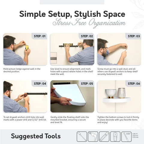 Instructional guide on installing Sturdy Floating Corner Wall Shelf In White With Hidden Metal Bracket, easy setup for space saving.