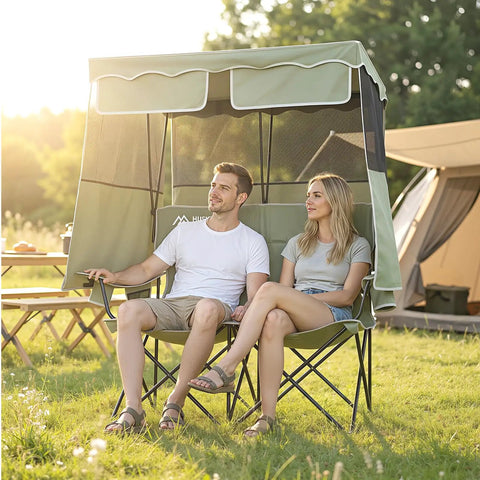 Double Camping Chair With Shade Canopy For Two People Folding Beach Chair Portable Heavy Duty Outdoor Chair