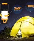 Rechargeable LED Camping Lantern With 1000 Lumens, Five Light Modes, And Memory Function illuminating a yellow tent outdoors at night