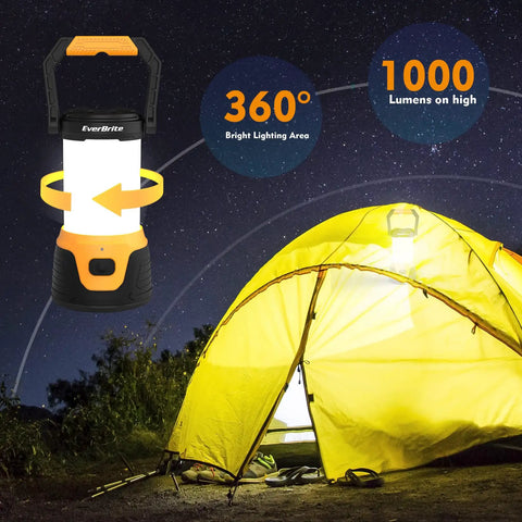 Rechargeable LED Camping Lantern With 1000 Lumens, Five Light Modes, And Memory Function illuminating a yellow tent outdoors at night