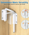Updated Aluminum Alloy Patio Sliding Door Loop Lock For 90 And 180 Degree U Track Latch, white finish, on wooden door.