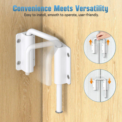 Updated Aluminum Alloy Patio Sliding Door Loop Lock For 90 And 180 Degree U Track Latch, white finish, on wooden door.