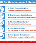 Features chart for Universal 2 Pack Garage Door Opener Remote Replacement For Chamberlain LiftMaster And Craftsman Opener Models.