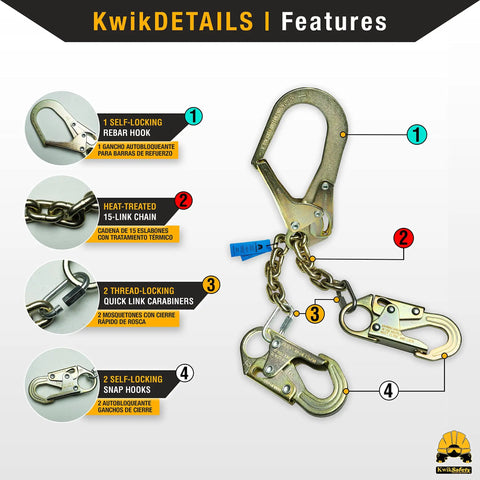 Rebar Romeo 29 Inch Steel Rebar Chain Assembly With Self Locking Hooks showing key features like self-locking rebar hook and twist chain