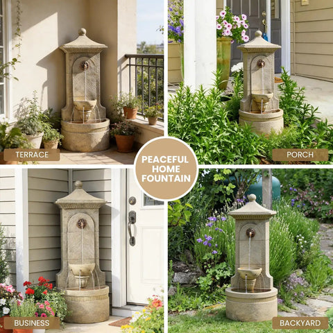Massive Outdoor Wall Fountain With LED Lights 42.91 Inch Tall Freestanding Garden Water Feature in various outdoor settings.