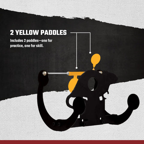Rockin' Rat Airgun Targets Black with two yellow paddles on steel rim, quick reset design for backyard practice and drills