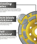 4.5 Inch Diamond Cup Wheel For Angle Grinders, 18 Diamond Segments, Seven Eighths Inch Arbor, showing cooling holes
