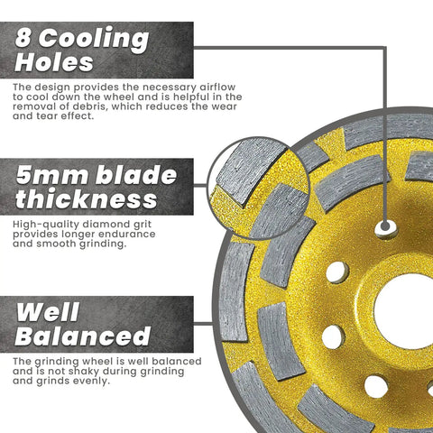 4.5 Inch Diamond Cup Wheel For Angle Grinders, 18 Diamond Segments, Seven Eighths Inch Arbor, showing cooling holes
