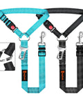 Heavy Duty Dog Seat Belt Harness For Car With Adjustable Reflective Bungee Leash And Headrest Restraint in teal and black.