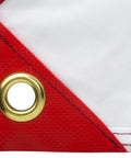 Dive Flag With Removable Stiffening Pole 20x24 Inches corner detail with brass grommet, red and white fabric visible