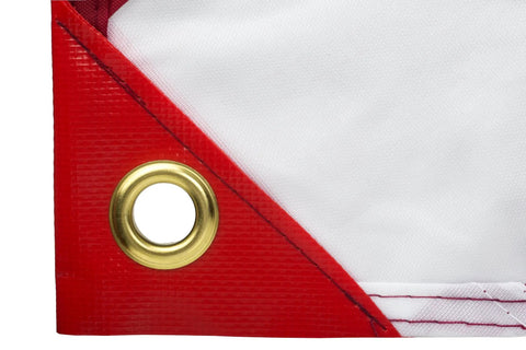 Dive Flag With Removable Stiffening Pole 20x24 Inches corner detail with brass grommet, red and white fabric visible