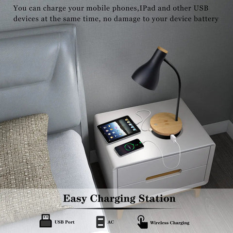 Metal Desk Lamp With Dope Wireless Charging Pad And USB Port 3 Way Dimmable Arc Bedside Light Touch Control Reading Lamp