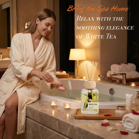 Woman relaxing in spa-like bathroom with White Tea Reed Diffuser Set Inspired by Westin Hotel Scent on tub edge