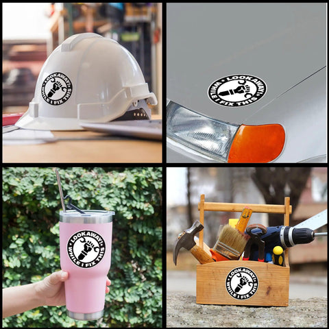 Funny Handyman Mechanic Sticker Set Waterproof Vinyl Decals For Cars Trucks Laptops Helmets Water Bottles Bicycles Luggage And More Easy Peel And Stick 4 Inch shown on helmets, cars, bottles, and toolboxes
