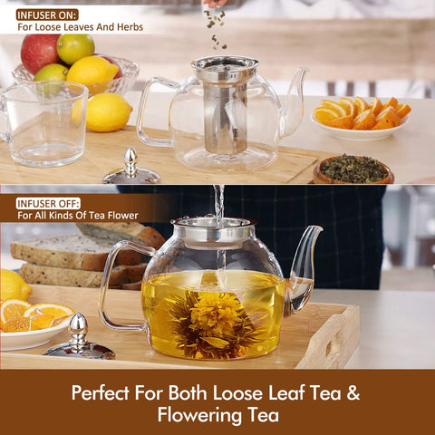 1 Liter Glass Teapot With Removable Infuser, Stovetop Safe Blooming And Loose Leaf Tea Maker on wooden table with fruits.