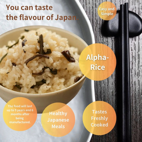 Instant Mountain Veggie Sansai Okowa Rice Meal Grab And Go For Camping And Emergency Prep Pack Of 3, bowl of rice with chopsticks