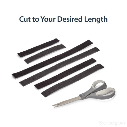100 Ft Hook And Loop Cable Tape Roll Cut To Size Reusable Cable Ties, black strips and scissors for flexible cable management.