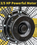 Close-up of Industrial 36 Inch Drum Fan Workhorse motor, showcasing heavy duty metal construction and high velocity air circulation.