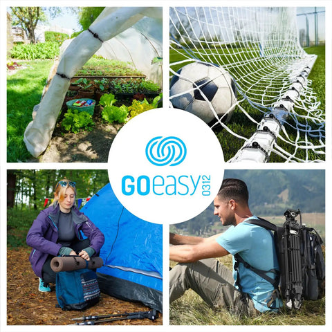 Collage showing uses of 50 Pack 6 Inch Ball Bungee Cords With Elastic String For Canopy Tarp Tent Poles And Wires Heavy Duty UV Resistant Ball Tie Downs For Indoor And Outdoor Use