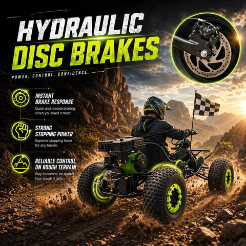 Beast 212cc Off Road Go Kart for Adults and Teens with hydraulic disc brakes on rocky terrain, rear view with flag.