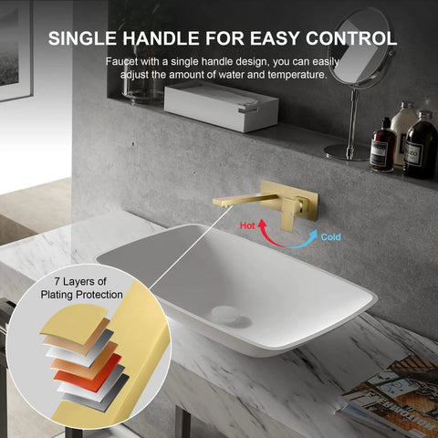 Wall Mounted Bathroom Faucet Solid Brass Construction With Single Handle Modern Style Wall Mount Sink Faucet Brushed Gold Finish above a white rectangular sink on a marble countertop