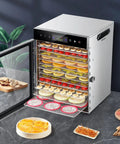 Premium Electric Food Dehydrator With Slick Dual Fan Heating On 12 Heavy Duty Stainless Steel Trays showing fruits drying.