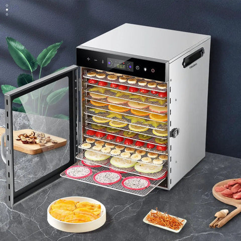 Premium Electric Food Dehydrator With Slick Dual Fan Heating On 12 Heavy Duty Stainless Steel Trays showing fruits drying.