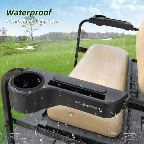 Golf Cart Armrest With Cup Holder And Rear Seat Rests For EZGO Club Car Yamaha in rain, waterproof feature highlighted